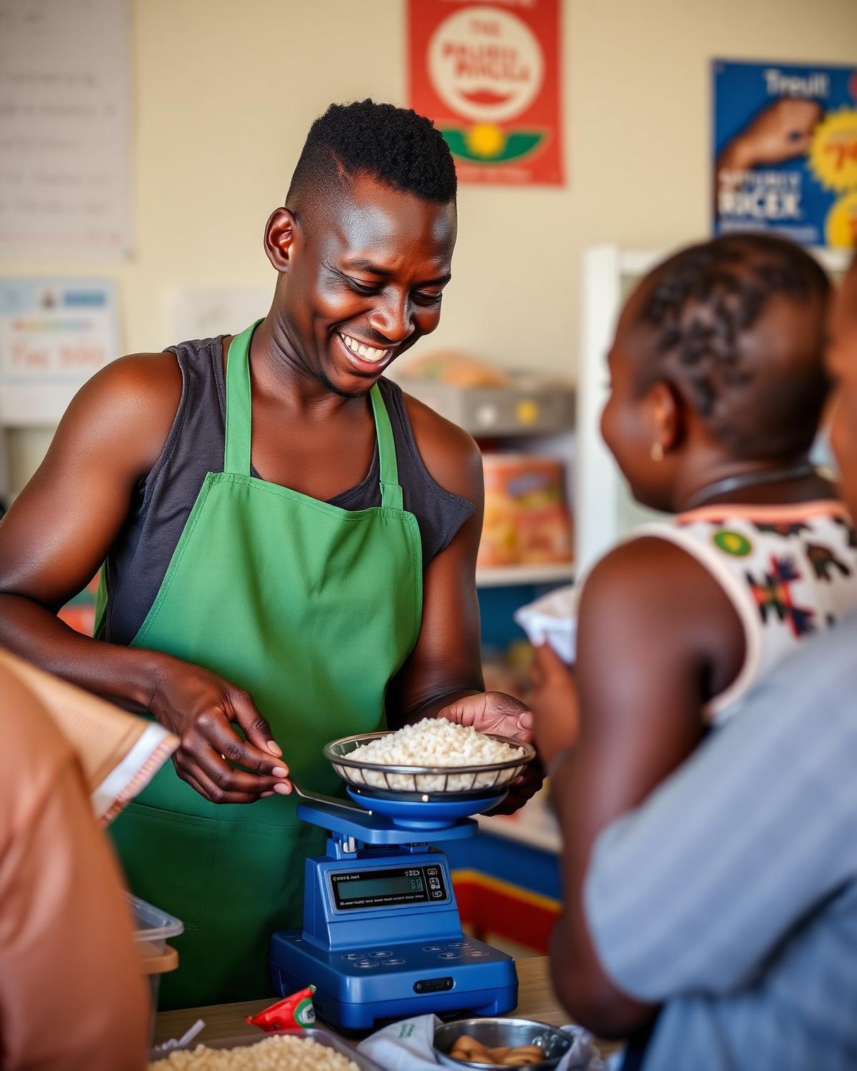 Friendly shopkeeper weighing rice